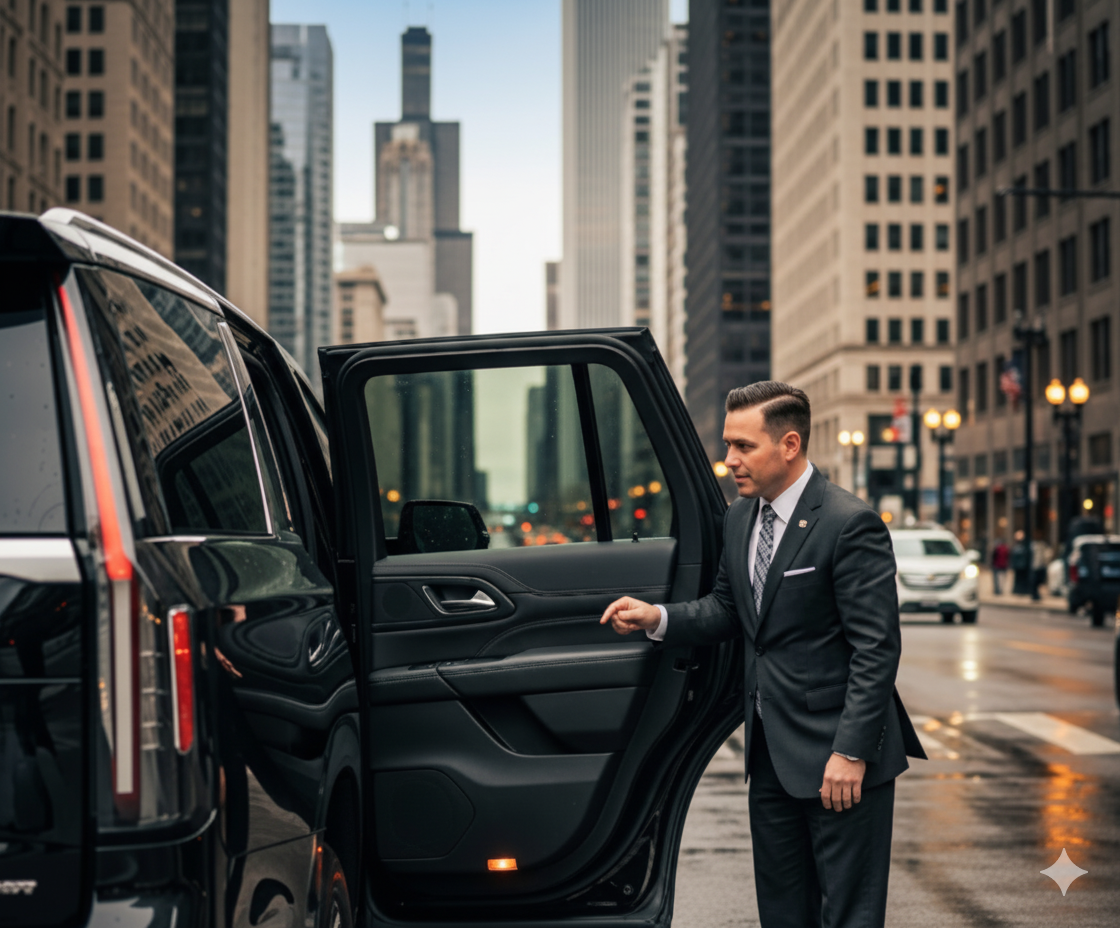 Chauffeur opening car door for airport transfer in Chicago
