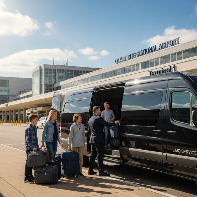 Family with luggage boarding Sprinter limo at O’Hare Airport Chicago