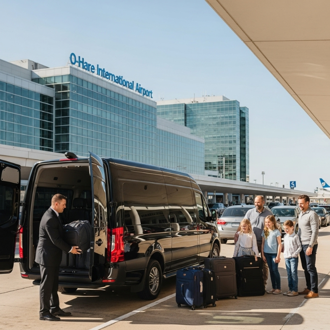 Family with luggage boarding black Sprinter shuttle at O’Hare Airport Chicago