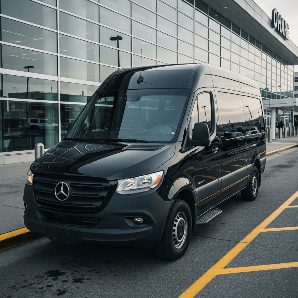 Gold Coast Limo Service with 2025 black Mercedes Sprinter Van at O’Hare Airport