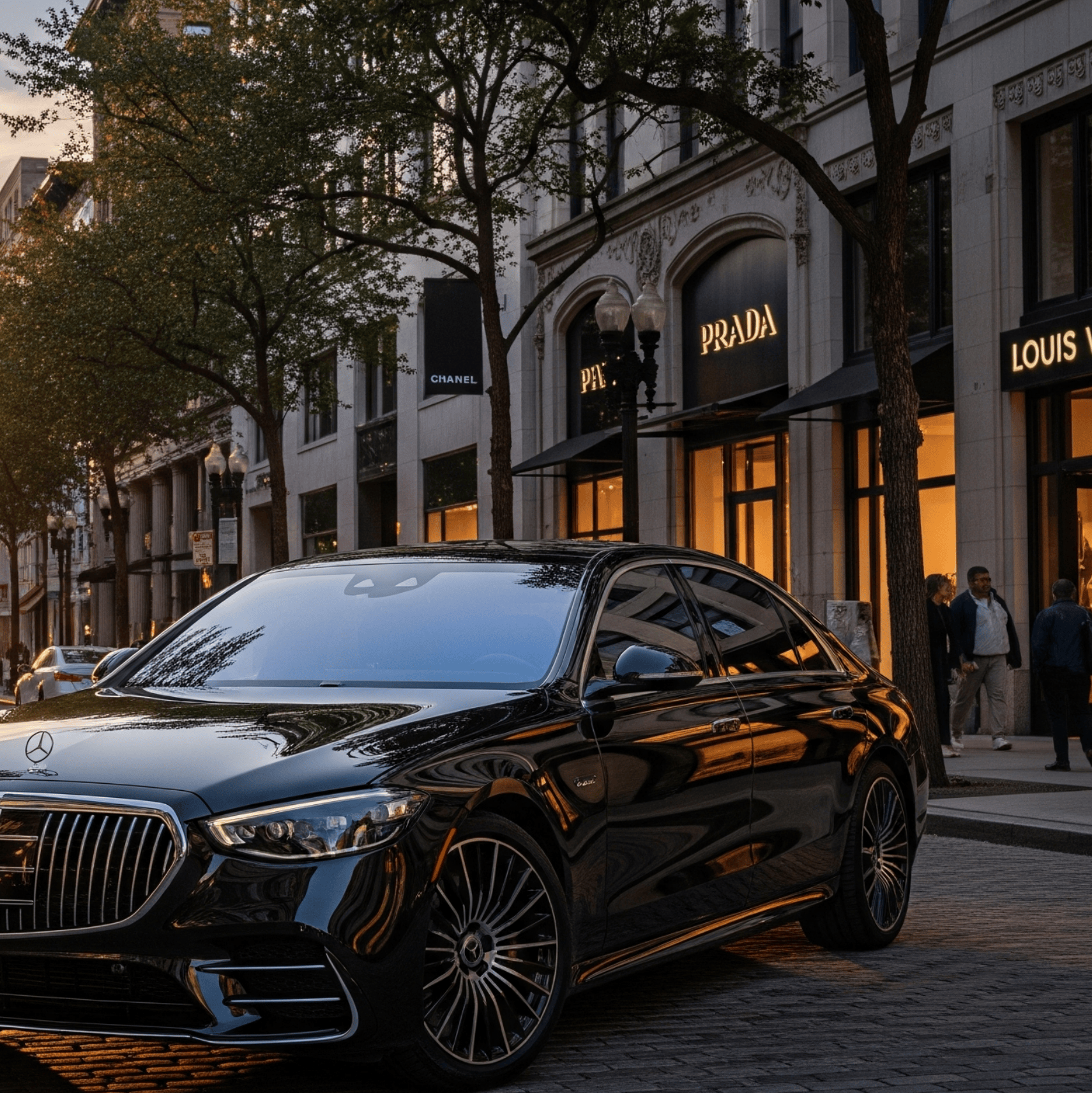Gold Coast Limo Service with 2025 black Mercedes S-Class at Oak Street Chicago