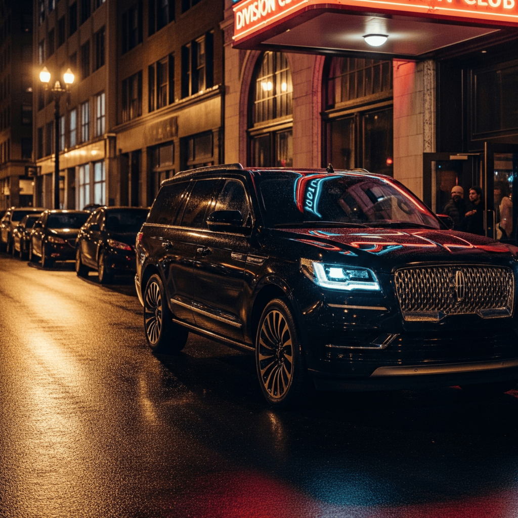 Gold Coast Limo Service with 2025 black Lincoln Navigator at Division Street nightlife