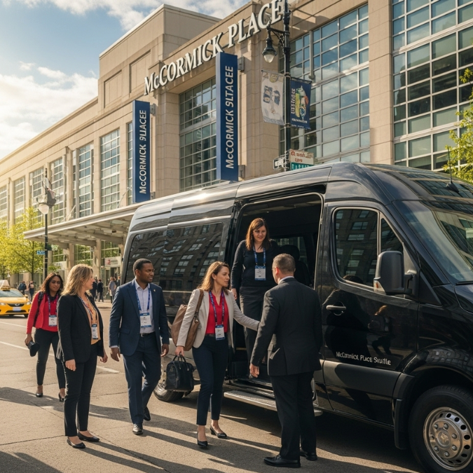 Group of professionals using Sprinter shuttle at McCormick Place convention center