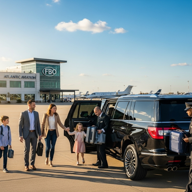 Lincoln Navigator SUV limo for family arrival at Atlantic Aviation PWK