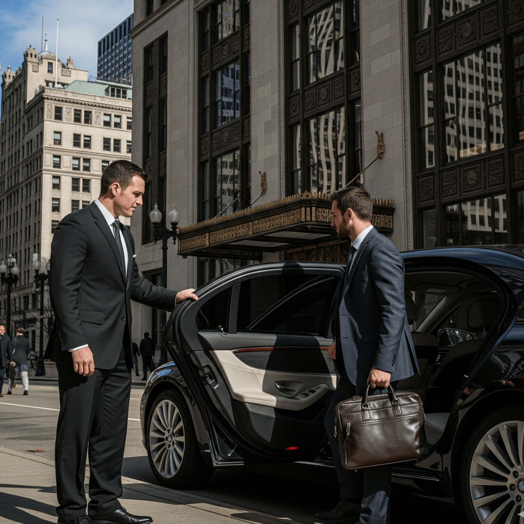 Professional chauffeur opening black car door for executive in River North Chicago