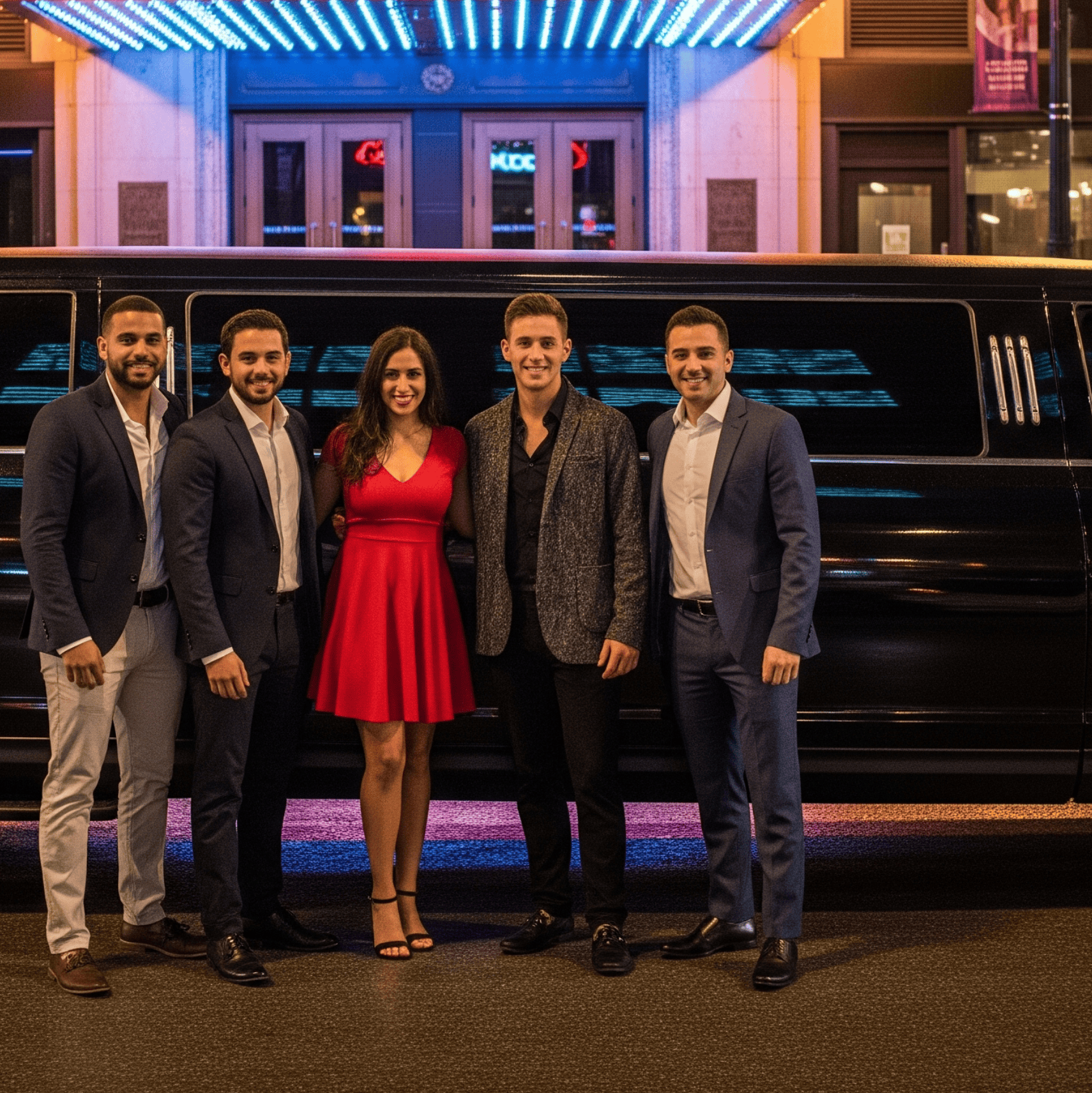Friends arriving at River North nightclub in a stretch limo with chauffeur by our river north limo service
