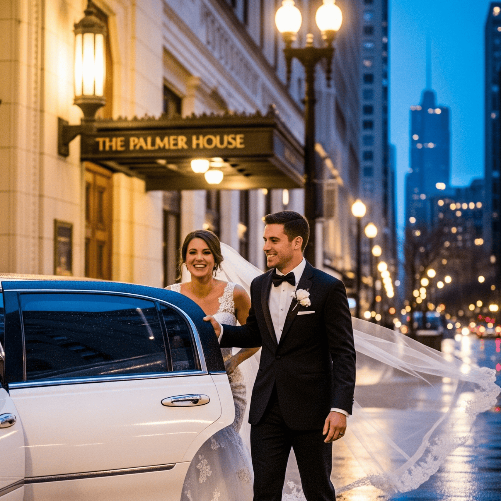 Bride and groom exiting white stretch limo at River North wedding venue