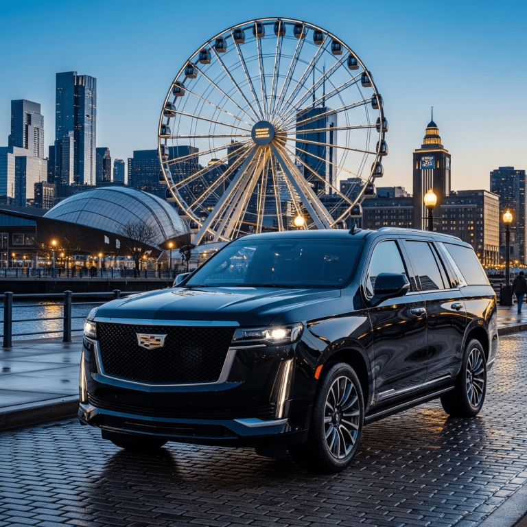 Streeterville Limo Service with 2025 black Cadillac Escalade near Navy Pier Chicago
