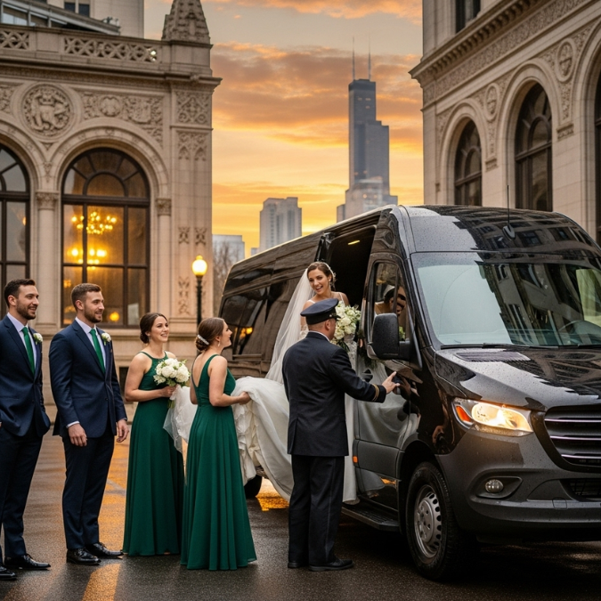 Wedding party with bride and bridesmaids entering Sprinter limo in Chicago