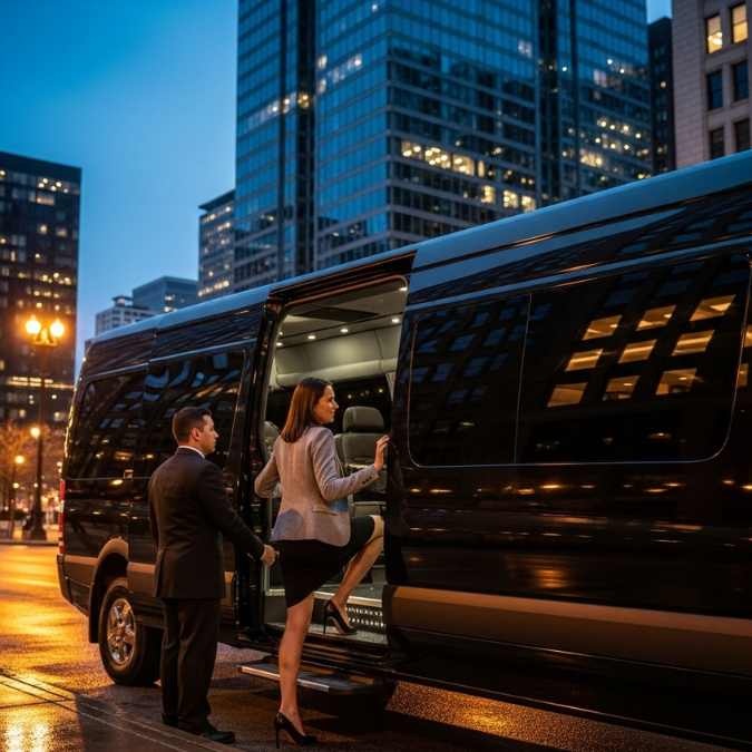 Woman executive entering black Executive Sprinter limo in downtown Chicago at dusk