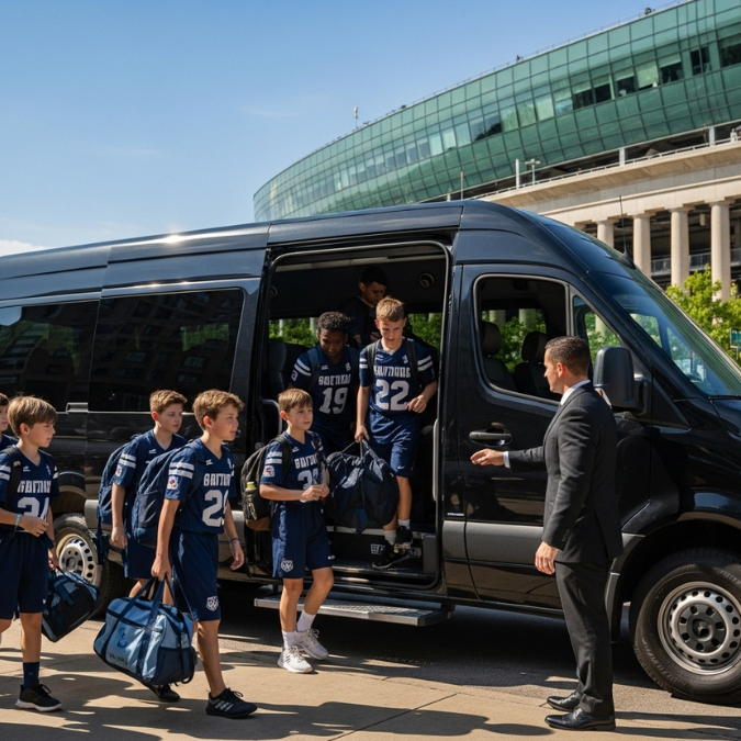 Youth sports team boarding Sprinter shuttle near Soldier Field Chicago
