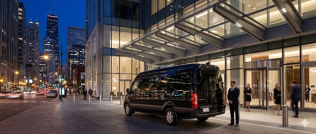 Luxury Chicago Sprinter limo service outside downtown hotel entrance