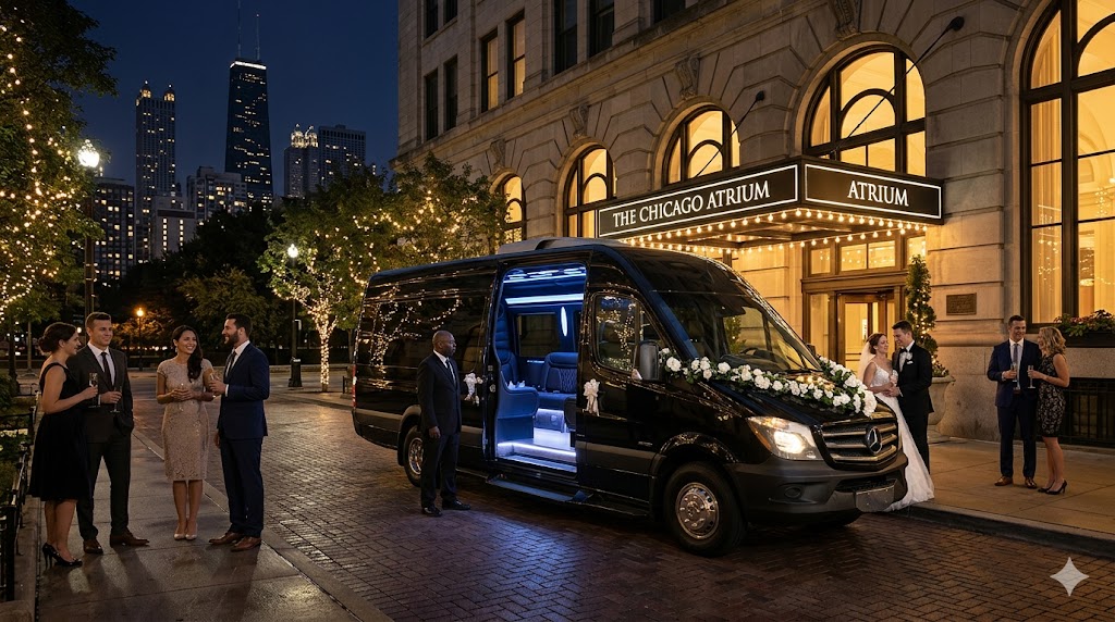 Luxury Chicago Sprinter wedding limo service outside elegant event venue