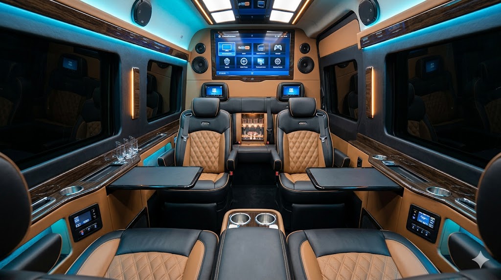 Luxury Mercedes Sprinter limo interior for group transportation