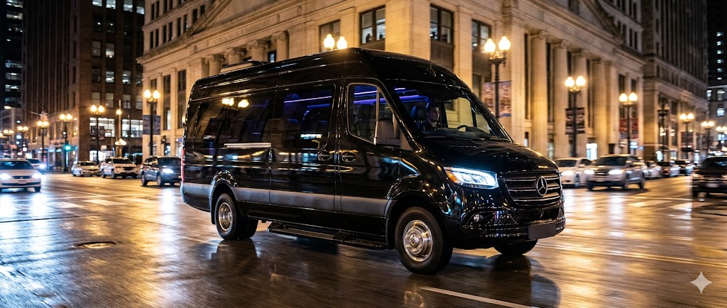 Luxury Mercedes Sprinter limo transportation in downtown Chicago at night