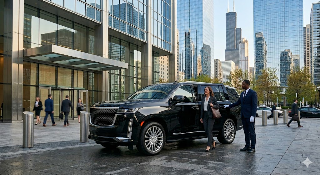 Chicago corporate limo service executive arriving at a downtown business meeting