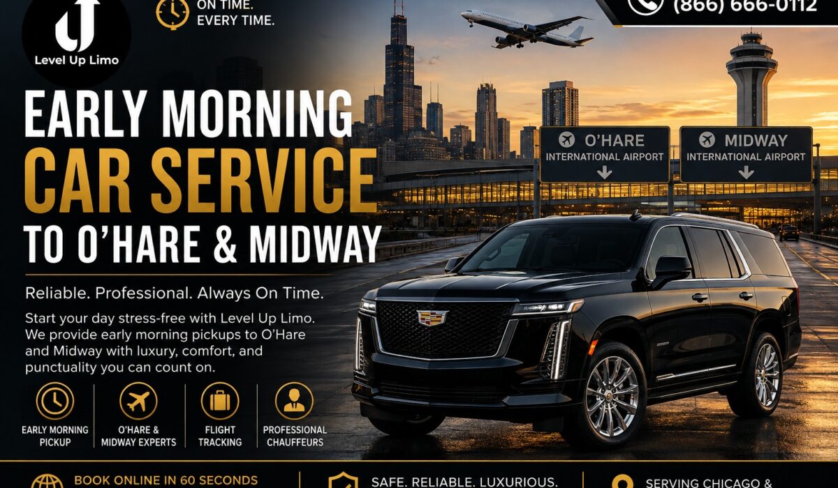 Early morning car service to O'Hare — Level Up Limo black luxury SUV with chauffeur at dawn, pre-dawn airport pickups from Lake Forest, Northbrook, and the North Shore to O'Hare and Midway