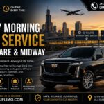 Early morning car service to O'Hare — Level Up Limo black luxury SUV with chauffeur at dawn, pre-dawn airport pickups from Lake Forest, Northbrook, and the North Shore to O'Hare and Midway