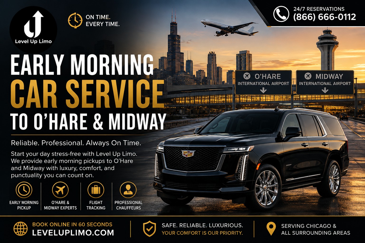 Early morning car service to O'Hare — Level Up Limo black luxury SUV with chauffeur at dawn, pre-dawn airport pickups from Lake Forest, Northbrook, and the North Shore to O'Hare and Midway