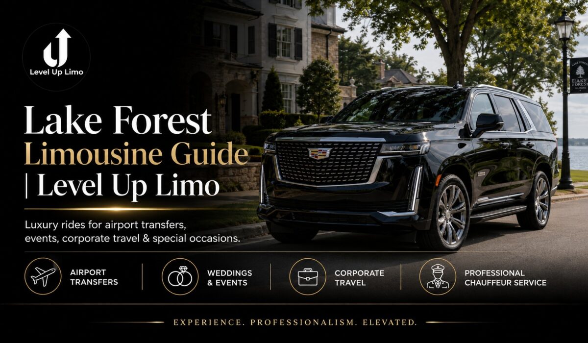 Lake Forest limousine service — Level Up Limo black Cadillac Escalade on a tree-lined Lake Forest street, luxury limo rides for airport transfers, weddings, corporate travel, and events on the North Shore