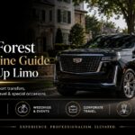 Lake Forest limousine service — Level Up Limo black Cadillac Escalade on a tree-lined Lake Forest street, luxury limo rides for airport transfers, weddings, corporate travel, and events on the North Shore