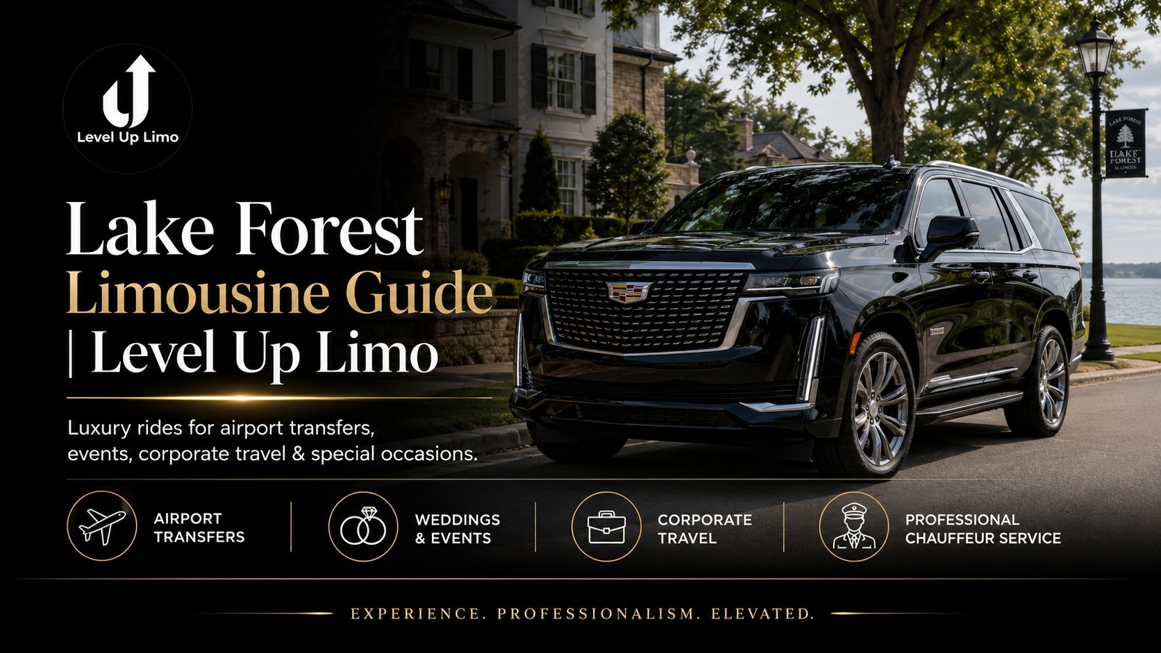Lake Forest limousine service — Level Up Limo black Cadillac Escalade on a tree-lined Lake Forest street, luxury limo rides for airport transfers, weddings, corporate travel, and events on the North Shore
