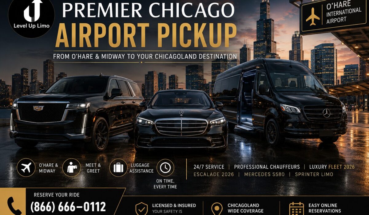 O'Hare and Midway airport pickup in Chicago — Level Up Limo black Escalade, Mercedes S 580, and Sprinter limo