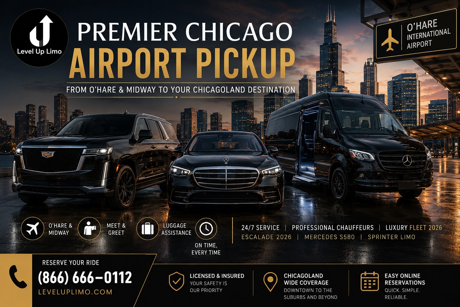 O'Hare and Midway airport pickup in Chicago — Level Up Limo black Escalade, Mercedes S 580, and Sprinter limo