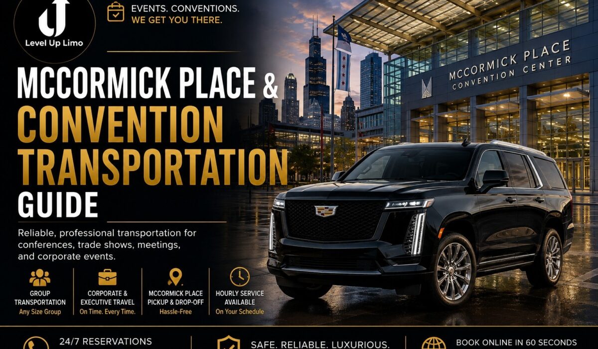 McCormick Place transportation — Level Up Limo black Cadillac Escalade outside McCormick Place Convention Center in Chicago, convention shuttle, group and corporate executive limo service for trade shows and conferences McCormick Place transportation — Level Up Limo, Chicago's trusted convention car service, chauffeured black Cadillac Escalade at McCormick Place Convention Center for trade shows, conferences, and corporate events — always on time