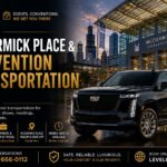 McCormick Place transportation — Level Up Limo black Cadillac Escalade outside McCormick Place Convention Center in Chicago, convention shuttle, group and corporate executive limo service for trade shows and conferences McCormick Place transportation — Level Up Limo, Chicago's trusted convention car service, chauffeured black Cadillac Escalade at McCormick Place Convention Center for trade shows, conferences, and corporate events — always on time