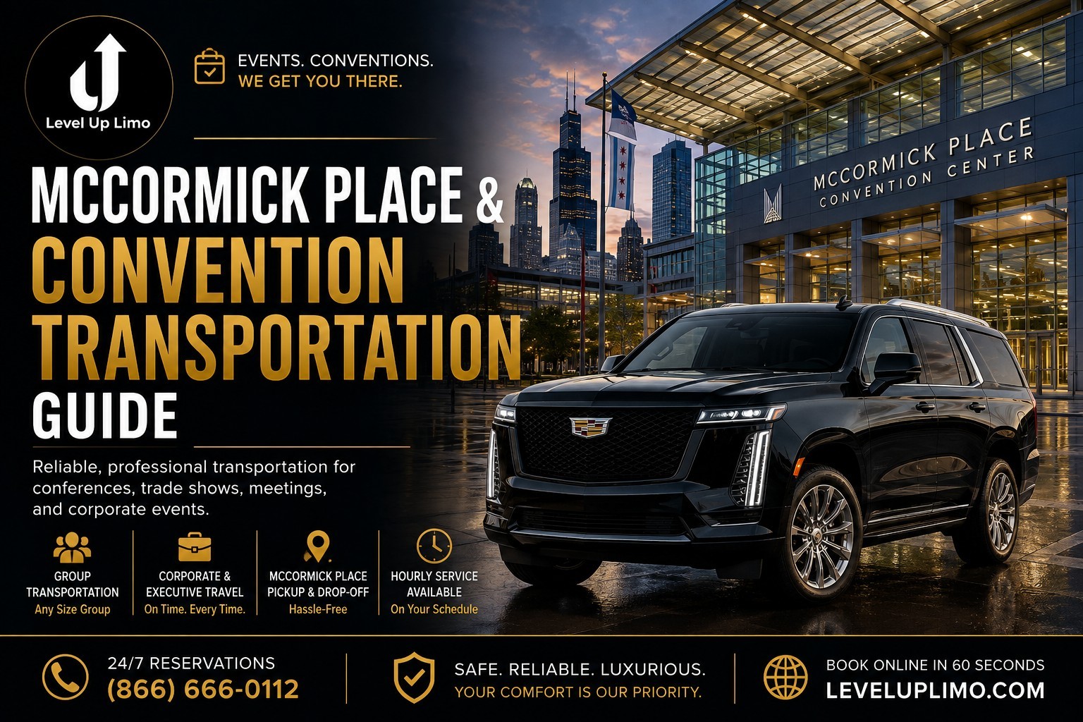 McCormick Place transportation — Level Up Limo black Cadillac Escalade outside McCormick Place Convention Center in Chicago, convention shuttle, group and corporate executive limo service for trade shows and conferences McCormick Place transportation — Level Up Limo, Chicago's trusted convention car service, chauffeured black Cadillac Escalade at McCormick Place Convention Center for trade shows, conferences, and corporate events — always on time