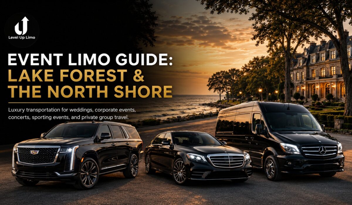 Level Up Limo event limo guide — chauffeured Escalade, Mercedes S-Class and Sprinter limousine on the North Shore lakefront serving Lake Forest weddings, Ravinia nights and galas
