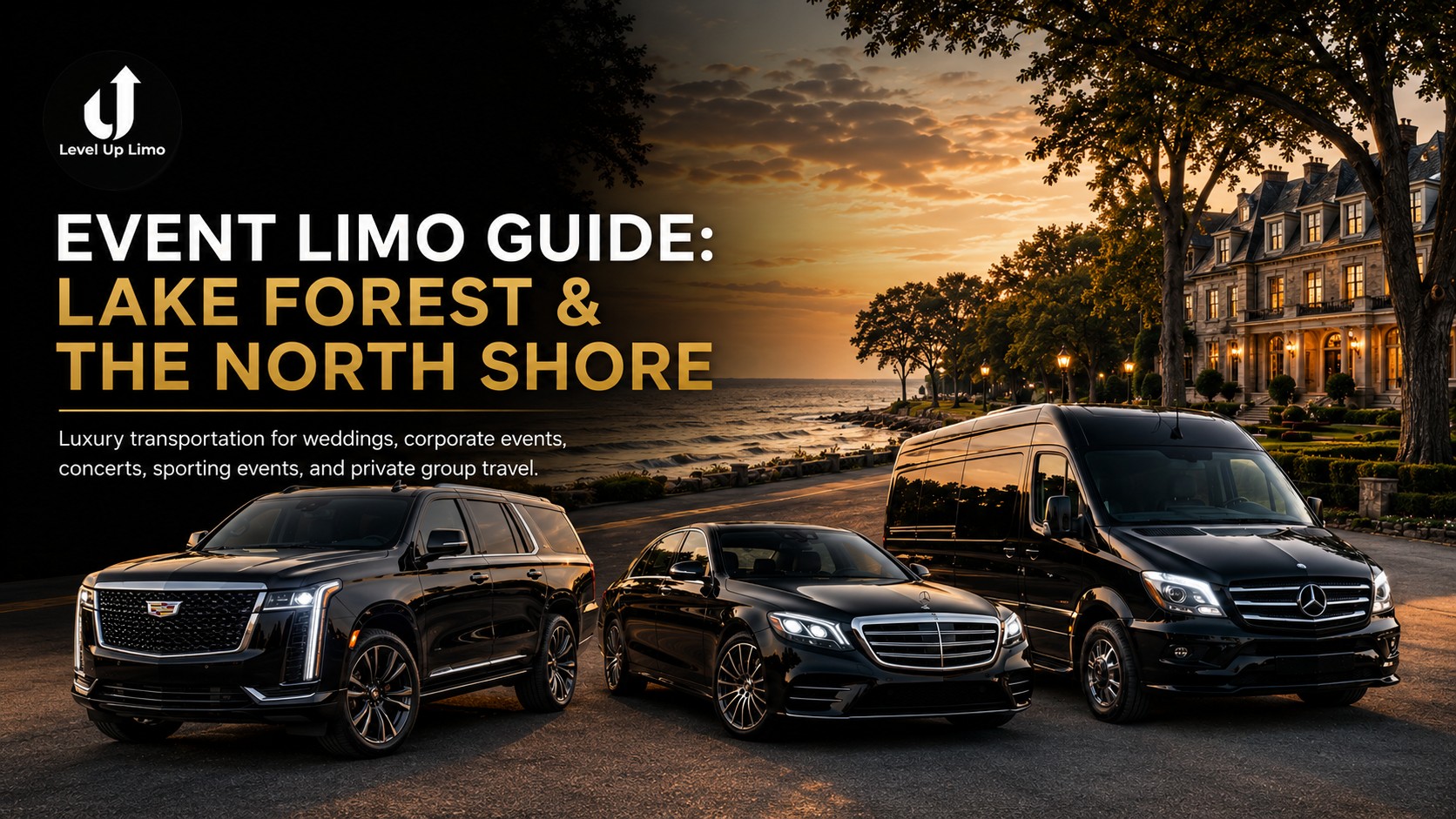 Level Up Limo event limo guide — chauffeured Escalade, Mercedes S-Class and Sprinter limousine on the North Shore lakefront serving Lake Forest weddings, Ravinia nights and galas