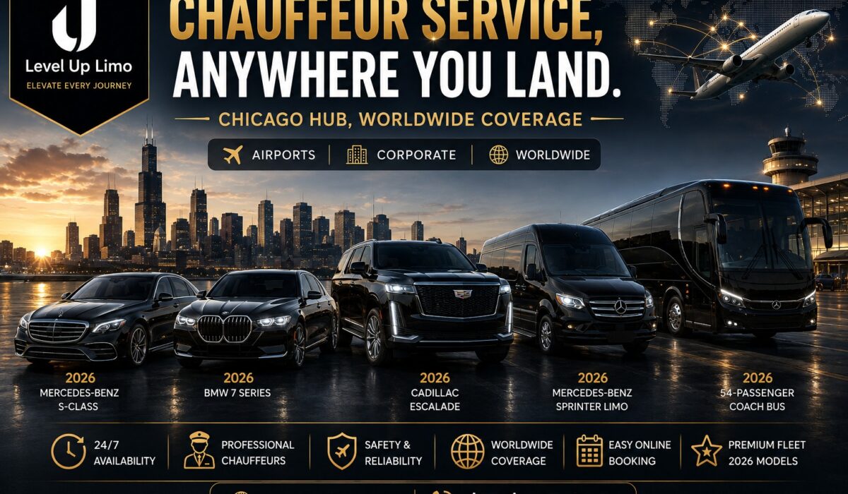 Level Up Limo chauffeur service fleet at Chicago airport — 2026 Mercedes-Benz S-Class, BMW 7 Series, Cadillac Escalade, Mercedes Sprinter limo, and 54-passenger coach bus