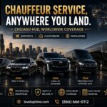 Level Up Limo chauffeur service fleet at Chicago airport — 2026 Mercedes-Benz S-Class, BMW 7 Series, Cadillac Escalade, Mercedes Sprinter limo, and 54-passenger coach bus