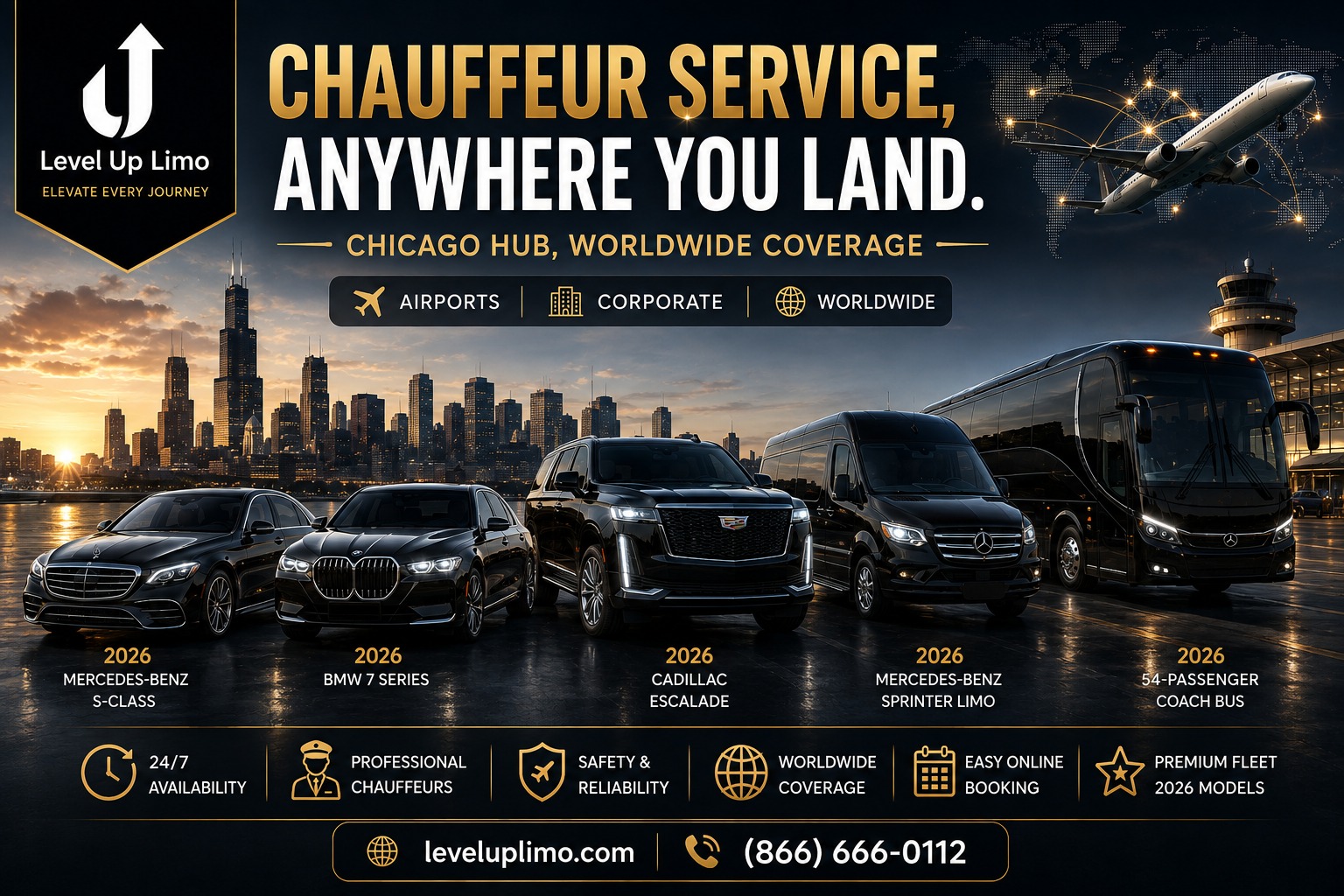 Level Up Limo chauffeur service fleet at Chicago airport — 2026 Mercedes-Benz S-Class, BMW 7 Series, Cadillac Escalade, Mercedes Sprinter limo, and 54-passenger coach bus