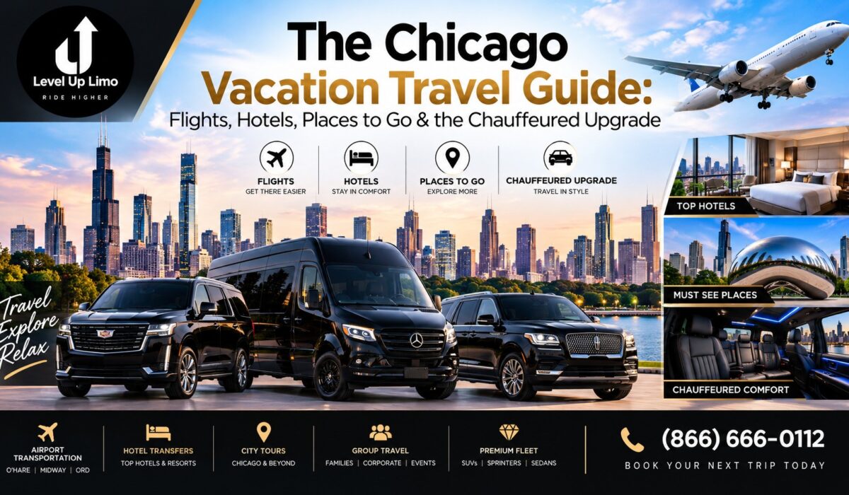 Chicago vacation travel guide by Level Up Limo — a black Cadillac Escalade, Mercedes-Benz Sprinter, and luxury SUV before the Chicago skyline with an arriving airplane overhead, alongside panels for top hotels, must-see places including Cloud Gate, and chauffeured comfort, covering flights, hotels, places to go, and the chauffeured upgrade.