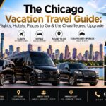 Chicago vacation travel guide by Level Up Limo — a black Cadillac Escalade, Mercedes-Benz Sprinter, and luxury SUV before the Chicago skyline with an arriving airplane overhead, alongside panels for top hotels, must-see places including Cloud Gate, and chauffeured comfort, covering flights, hotels, places to go, and the chauffeured upgrade.