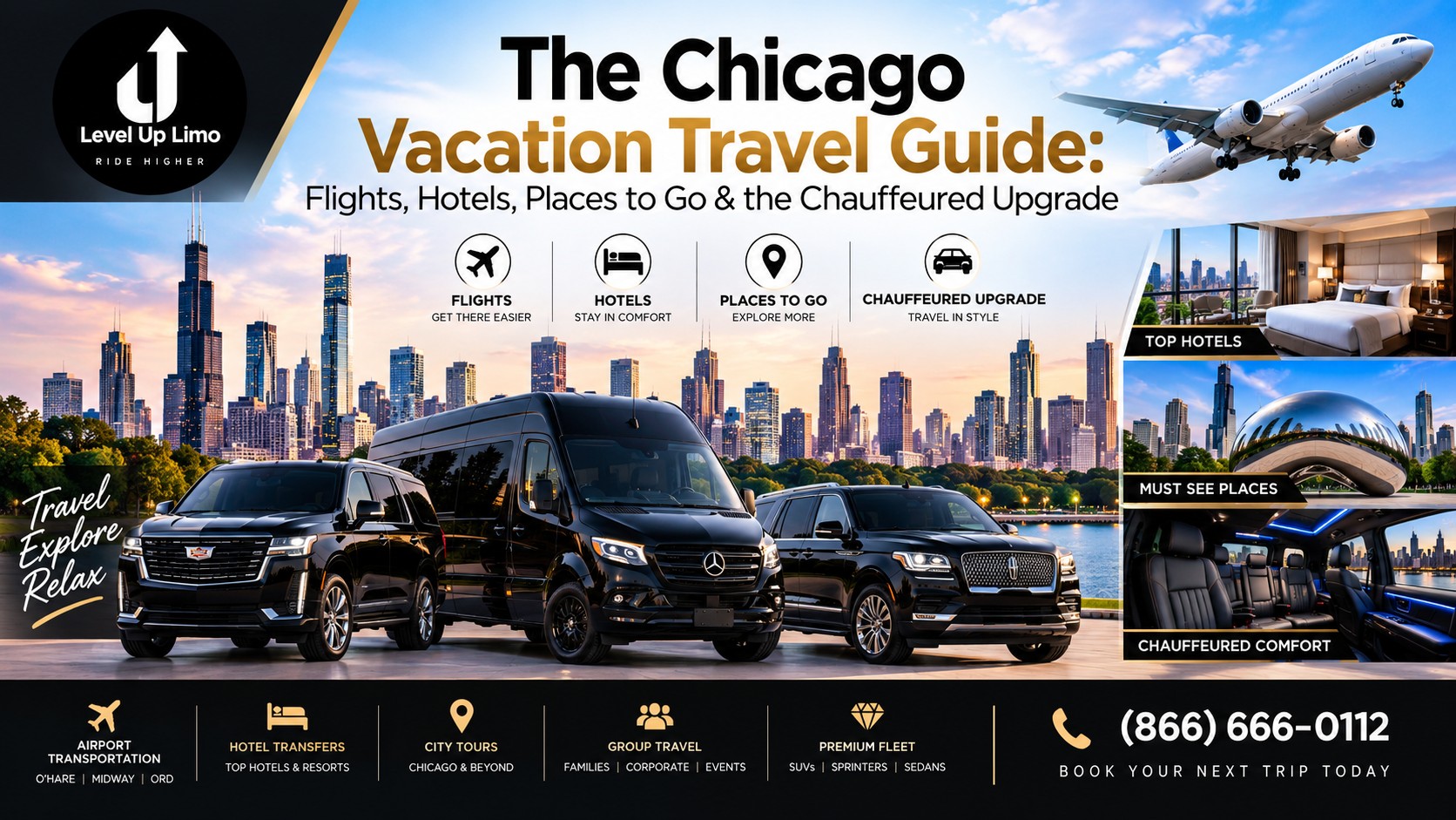 Chicago vacation travel guide by Level Up Limo — a black Cadillac Escalade, Mercedes-Benz Sprinter, and luxury SUV before the Chicago skyline with an arriving airplane overhead, alongside panels for top hotels, must-see places including Cloud Gate, and chauffeured comfort, covering flights, hotels, places to go, and the chauffeured upgrade.