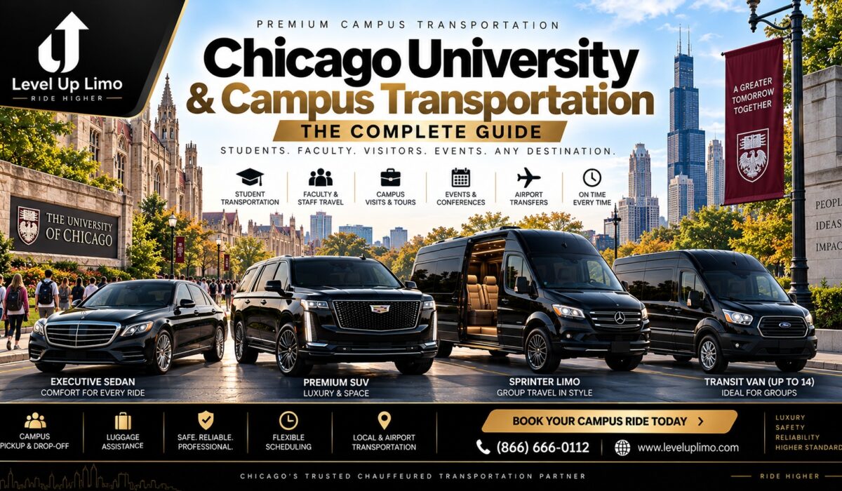 Level Up Limo Chicago university & campus transportation — S-Class, Cadillac Escalade, Sprinter, and Transit van fleet