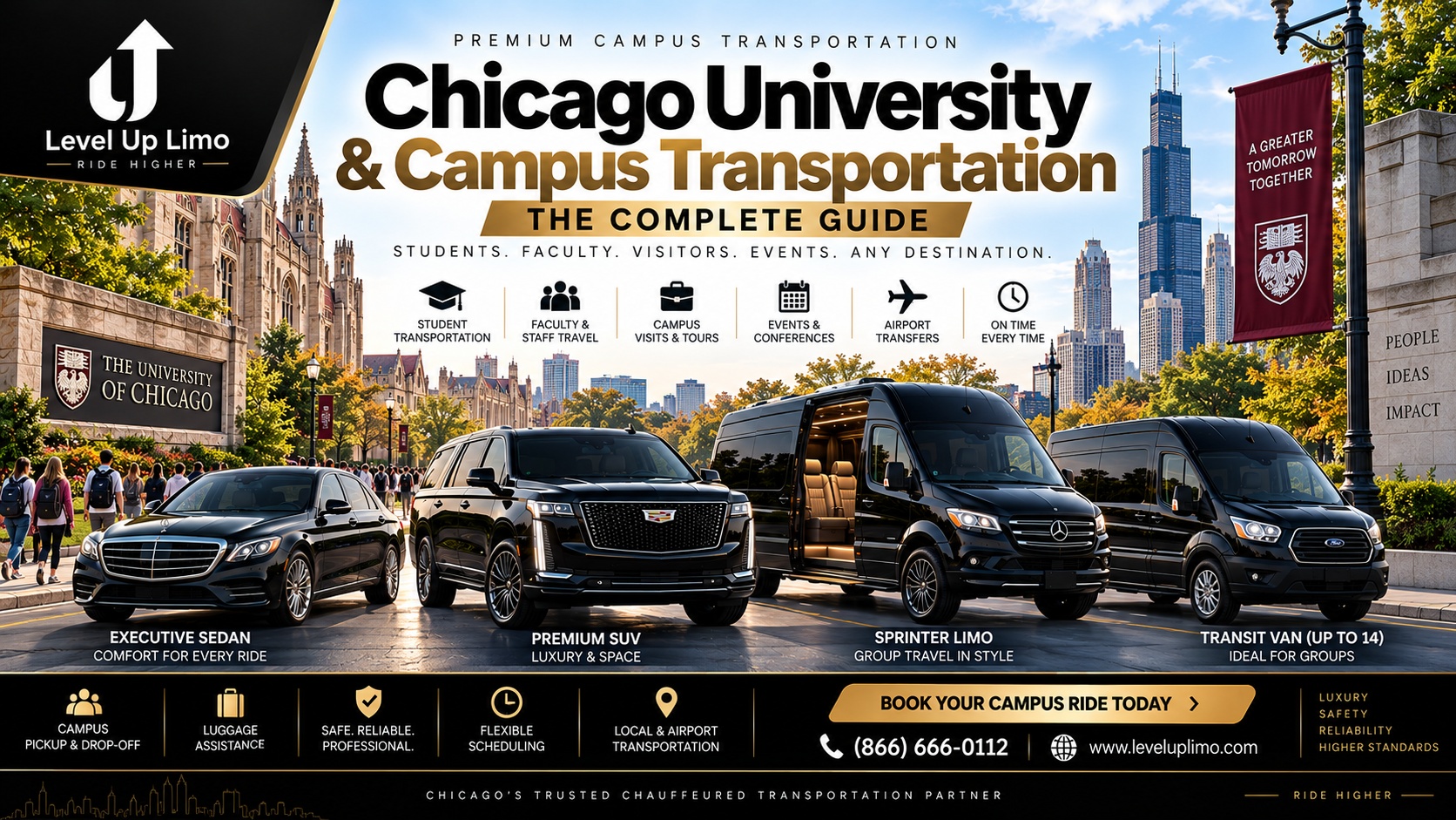 Level Up Limo Chicago university & campus transportation — S-Class, Cadillac Escalade, Sprinter, and Transit van fleet