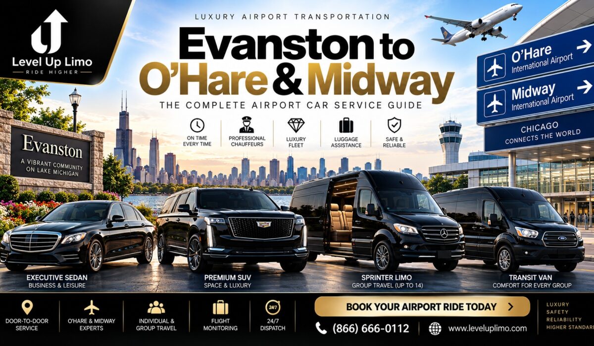 Level Up Limo Evanston to O'Hare & Midway airport car service — S-Class, Cadillac Escalade, Sprinter, and Transit van fleet