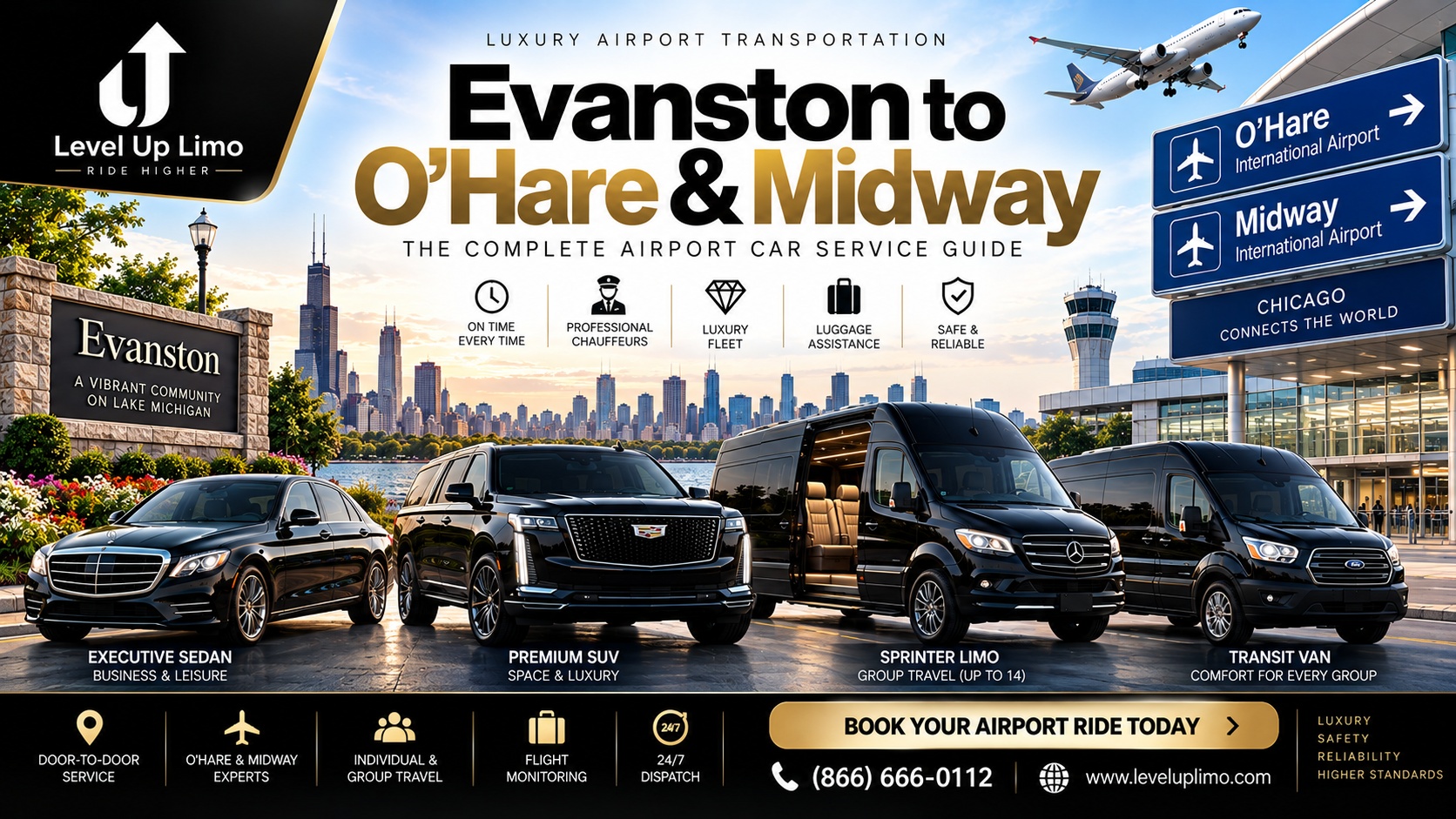 Level Up Limo Evanston to O'Hare & Midway airport car service — S-Class, Cadillac Escalade, Sprinter, and Transit van fleet