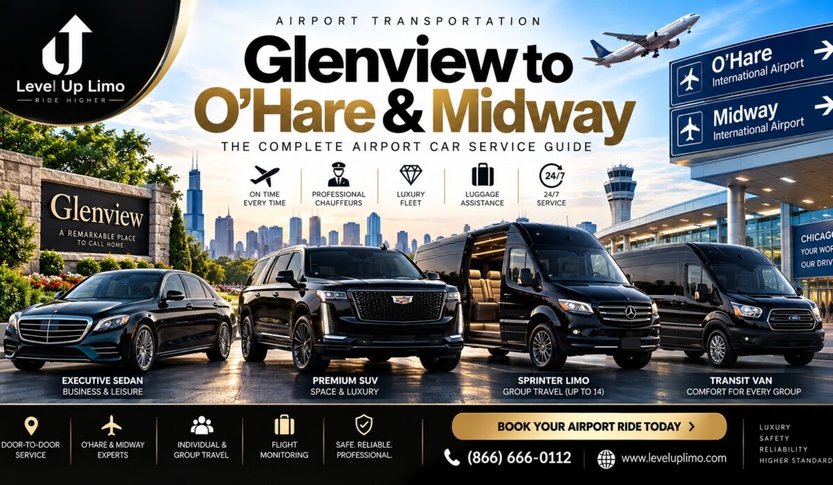 Level Up Limo Glenview to O'Hare & Midway airport car service — S-Class, Cadillac Escalade, Sprinter, and Transit van fleet