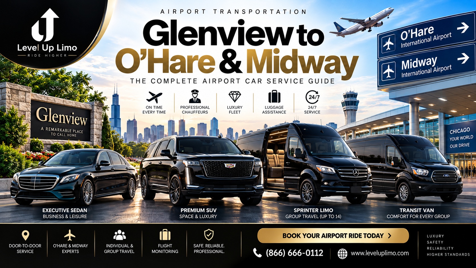 Level Up Limo Glenview to O'Hare & Midway airport car service — S-Class, Cadillac Escalade, Sprinter, and Transit van fleet