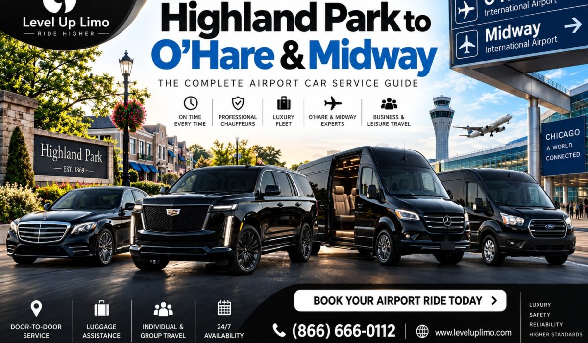 Level Up Limo Highland Park to O'Hare & Midway airport car service — S-Class, Cadillac Escalade, Sprinter, and van fleet