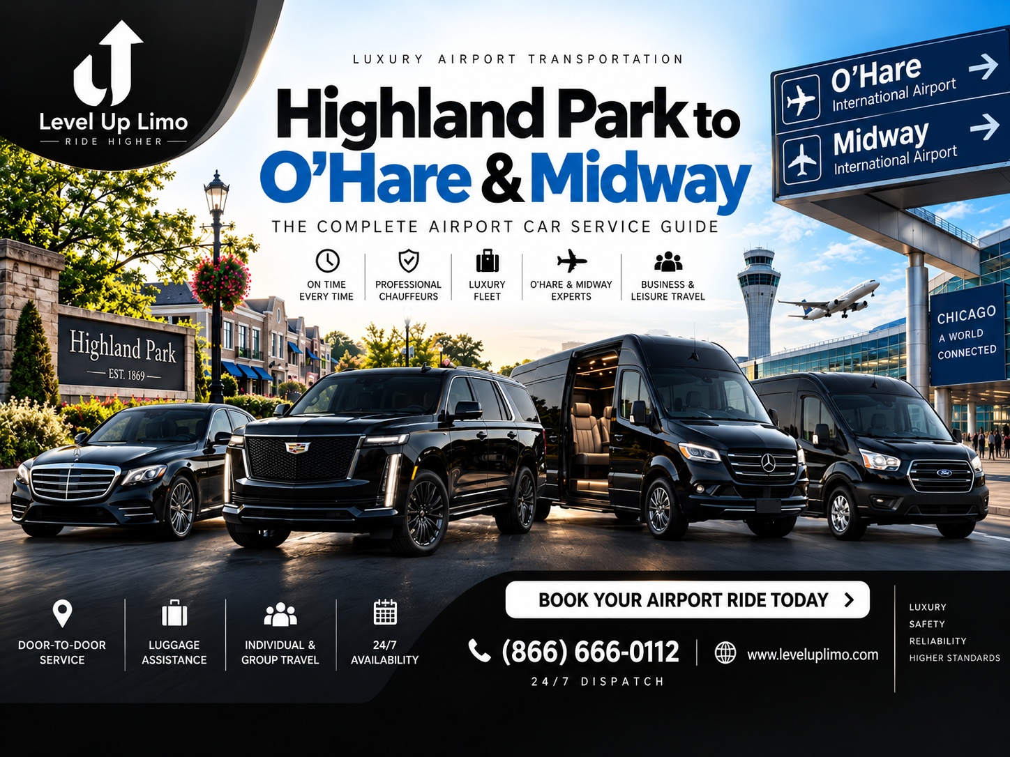 Level Up Limo Highland Park to O'Hare & Midway airport car service — S-Class, Cadillac Escalade, Sprinter, and van fleet