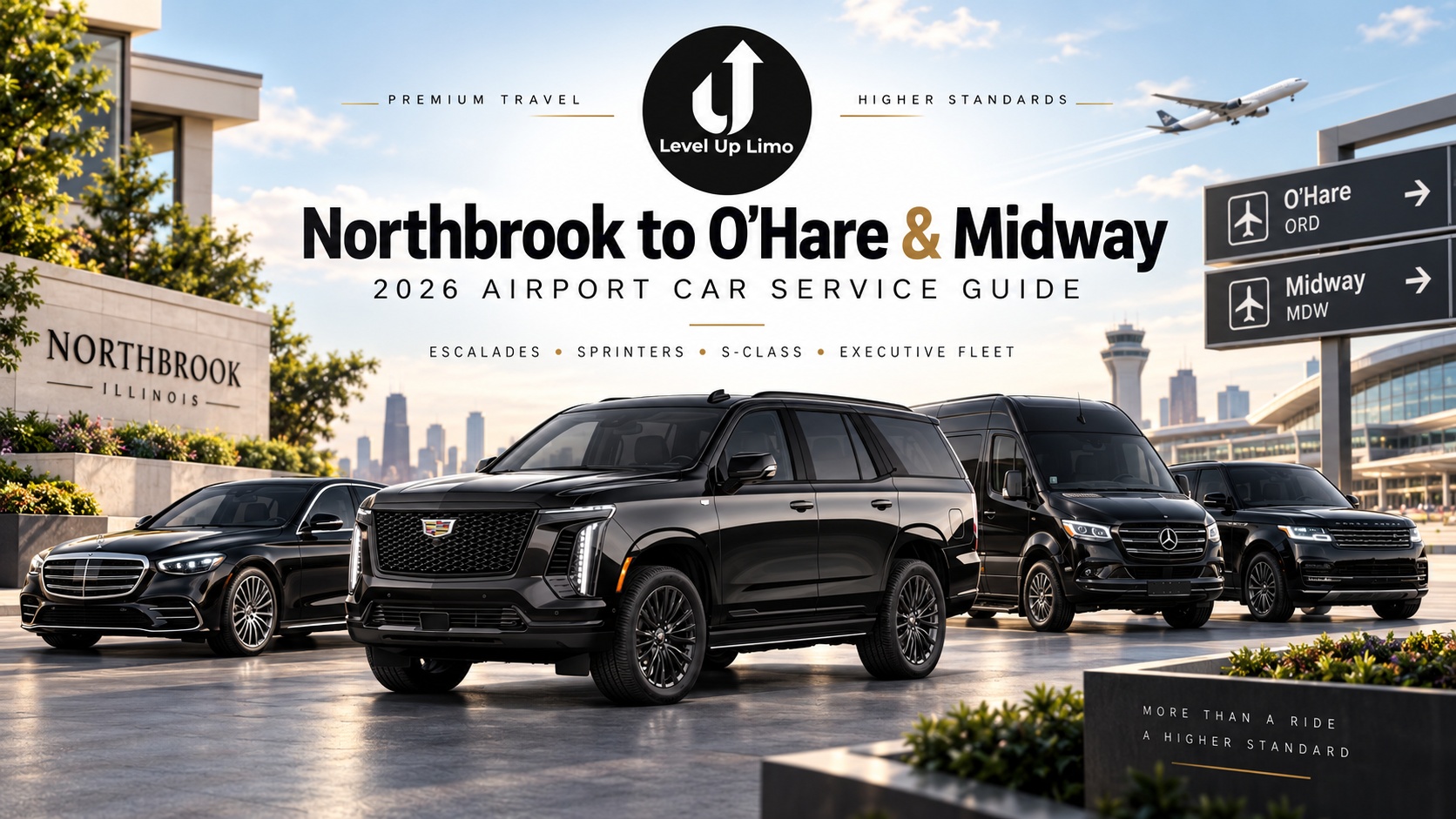 Level Up Limo Northbrook to O'Hare & Midway airport car service — Cadillac Escalade, S-Class, Sprinter, and Range Rover fleet