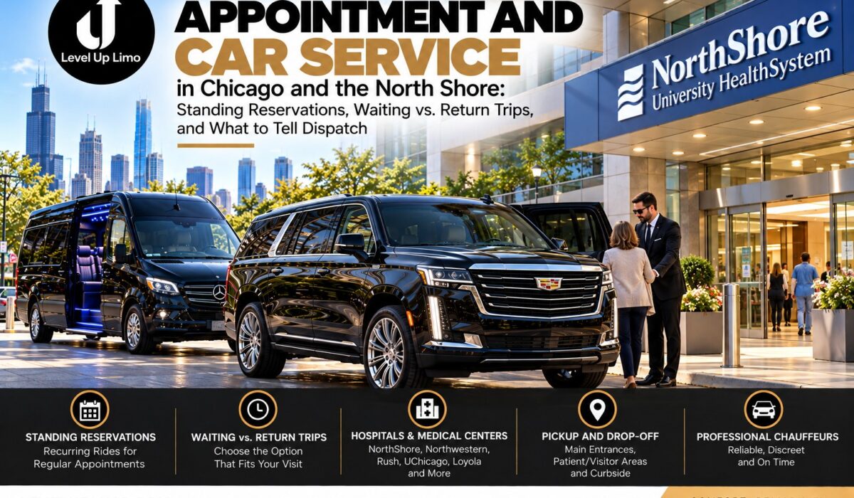Level Up Limo chauffeur helping a passenger into an Escalade outside a North Shore hospital entrance for a medical appointment