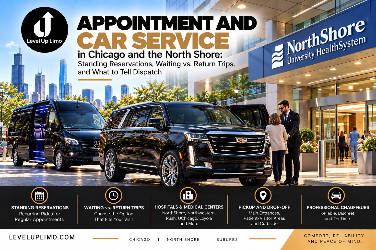 Level Up Limo chauffeur helping a passenger into an Escalade outside a North Shore hospital entrance for a medical appointment
